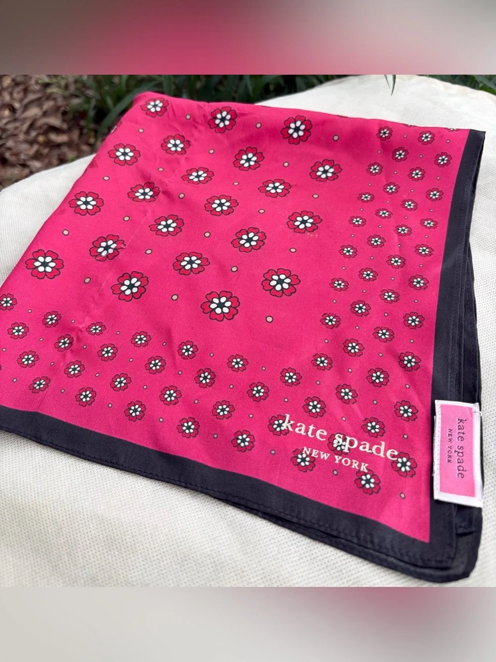 EUC! KATE SPADE 100% Silk Scarf- Two-Tone Pink Floral with Black Trim